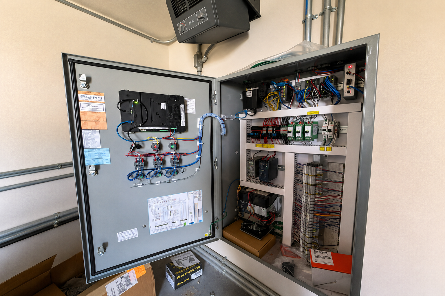 Open control panel at a water treatment site with HMI screen and PLC equipment installed