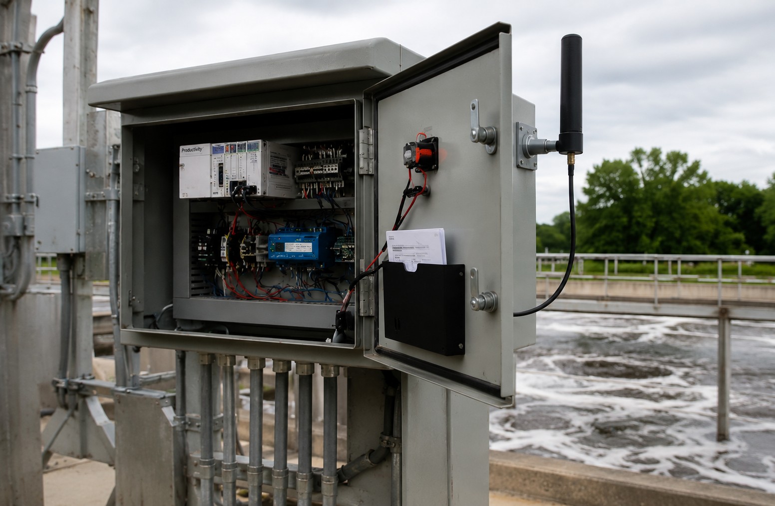Open control cabinet at a water treatment plant with a cellular antenna mounted on the door Open control cabinet at a water treatment plant with a cellular antenna mounted on the door