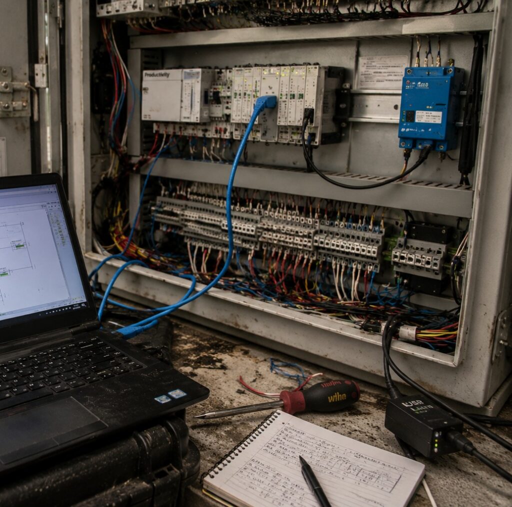 Laptop connected by ethernet cable to an open control panel at a water treatment plant