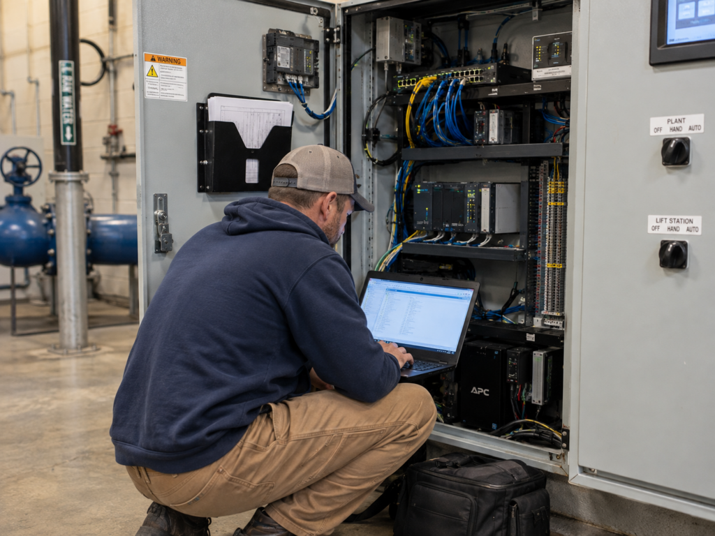 A water plant operator crouched with a laptop, working inside an open control panel.
