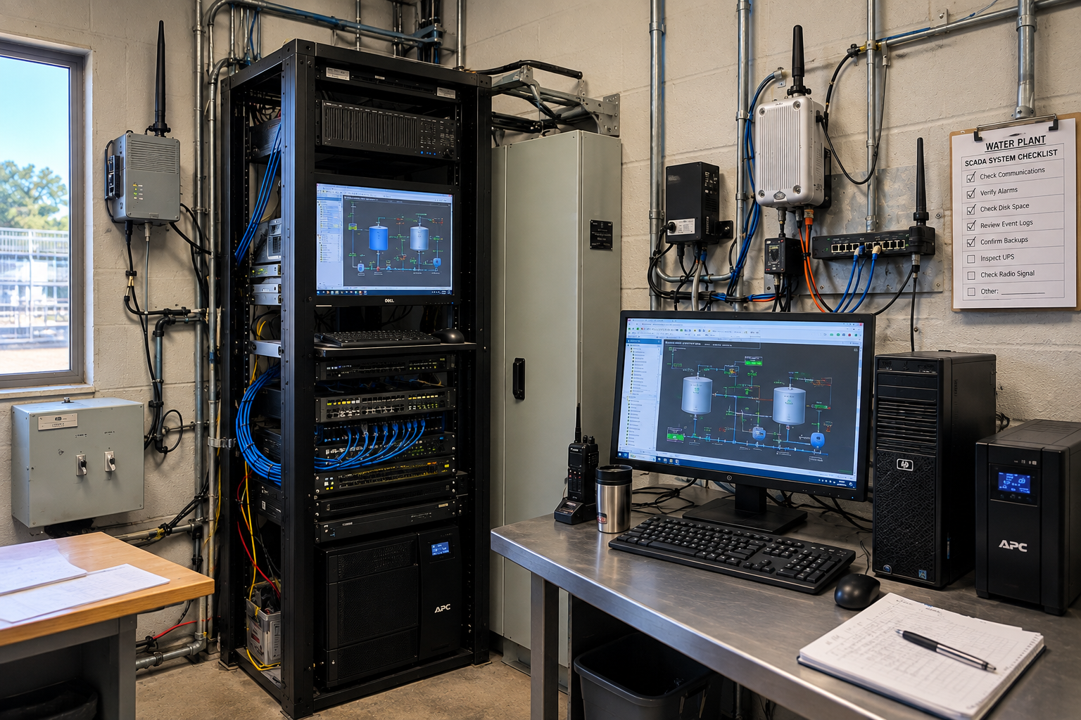 Water desk 2 Open equipment rack, tower PC, and battery backup beside a SCADA dashboard in a small water plant.