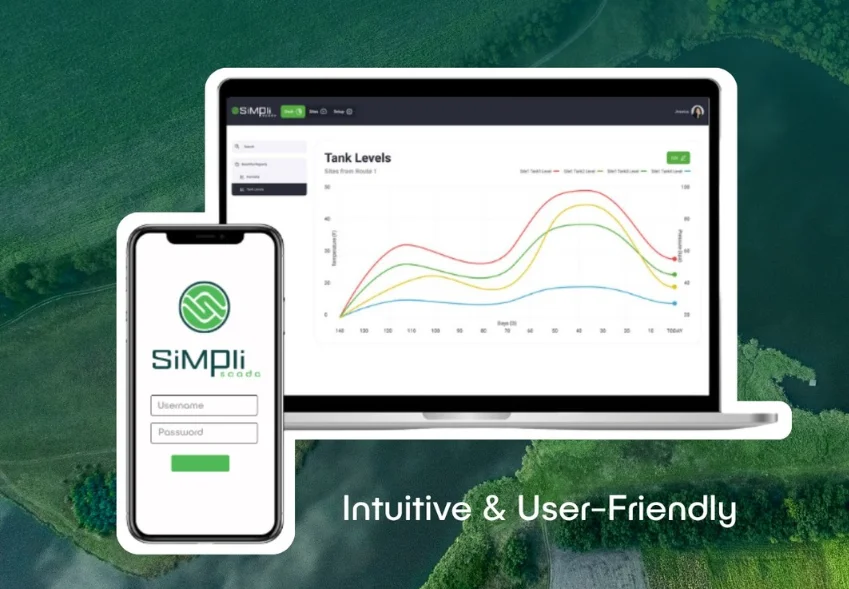 SimpliScada tank level dashboard on a laptop and the SimpliScada mobile app login